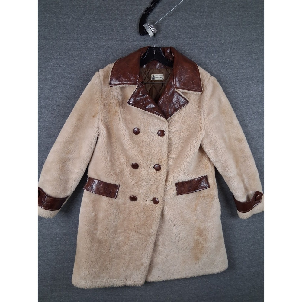 Vintage Finger Hut‎ Fashions Womens Coat 14 Cream Sherpa Leather Double 80s USA
